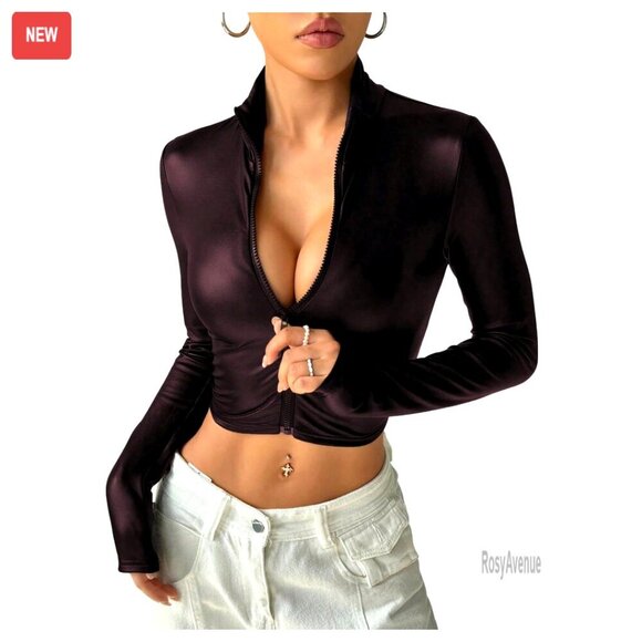 Jackets & Blazers - Faux Leather Zip Up Crop Jacket Long Sleeve Slim Fit Streetwear